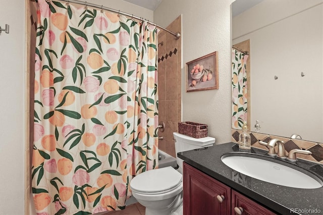 2801 W 23rd Ave, Denver, CO 80211 - full bath with toilet, shower / bath combo, tile patterned floors, a textured wall, and vanity
