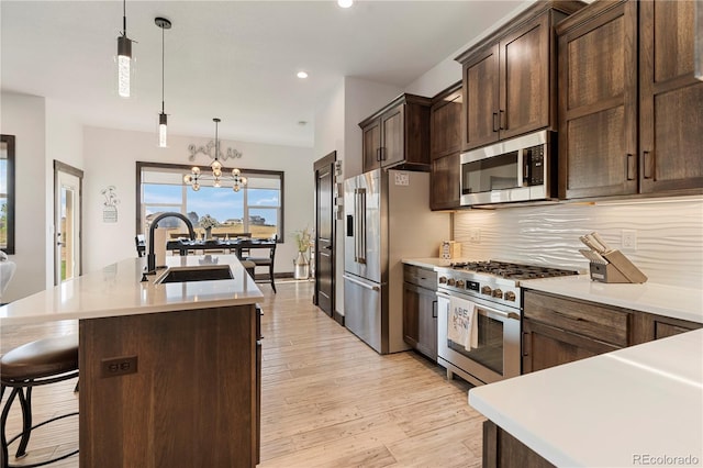 kitchen featuring tasteful backsplash, light wood-style floors, a kitchen island with sink, a sink, and high quality appliances