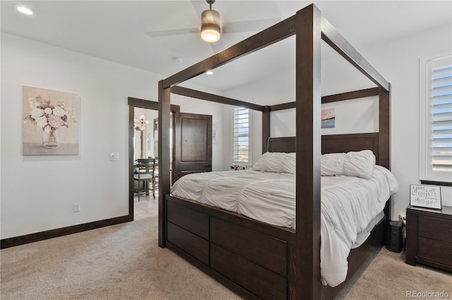 bedroom with beam ceiling, recessed lighting, light colored carpet, a ceiling fan, and baseboards