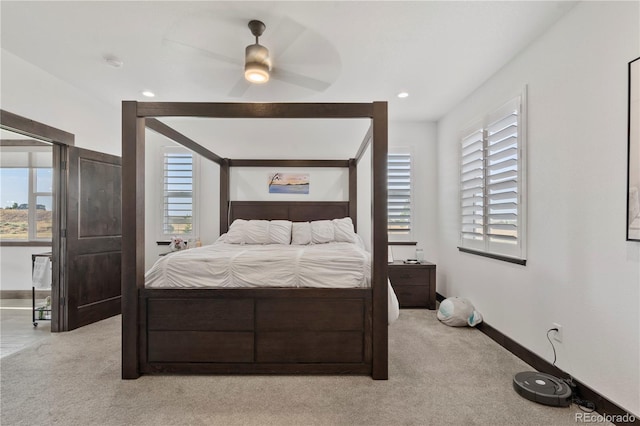 bedroom featuring carpet, baseboards, ceiling fan, and recessed lighting