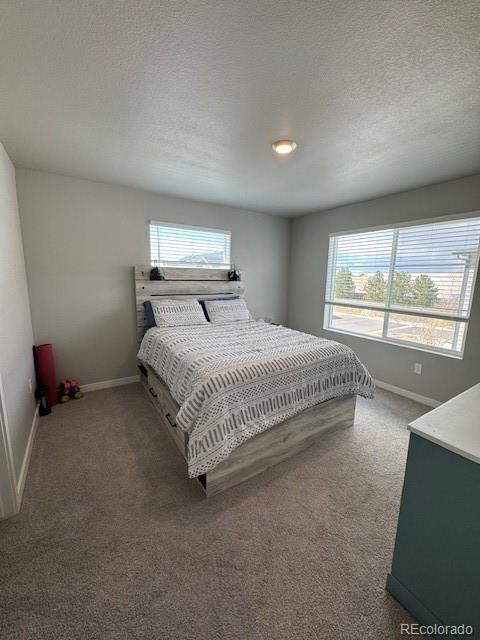 1353 Reynolds St Unit 5A, Fort Lupton, CO 80621 - bedroom with carpet, baseboards, and a textured ceiling