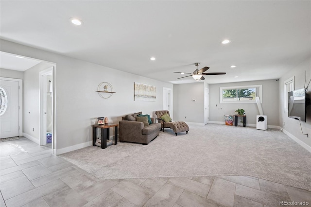 15528 Nancy Ave, Fort Lupton, CO 80621 - living room with light carpet, recessed lighting, and a ceiling fan