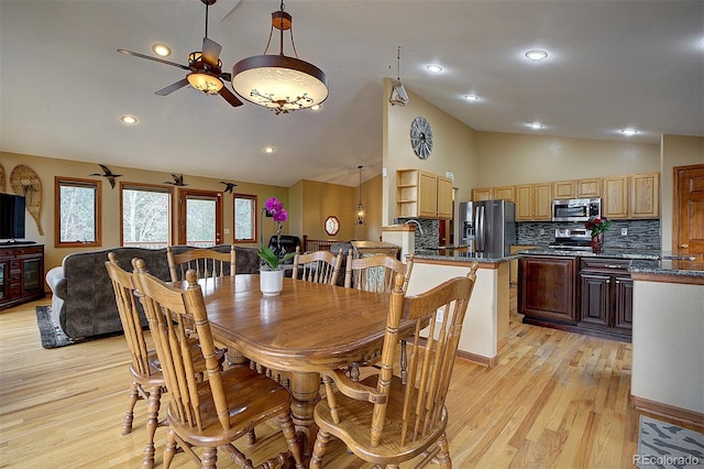 199 Elk Horn Ct, Bailey, CO 80421 - dining space with light wood-style floors, a ceiling fan, high vaulted ceiling, and recessed lighting