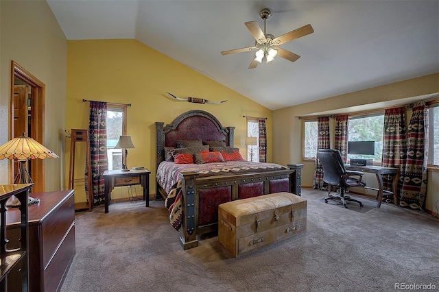199 Elk Horn Ct, Bailey, CO 80421 - carpeted bedroom with an office area, lofted ceiling, multiple windows, and ceiling fan