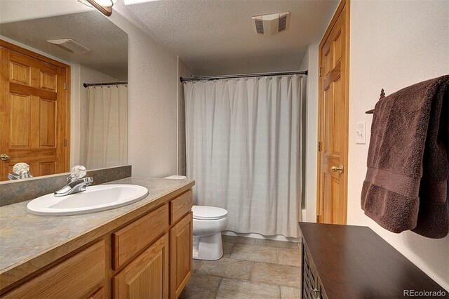 199 Elk Horn Ct, Bailey, CO 80421 - bathroom with vanity, toilet, stone finish floors, a textured ceiling, and a shower with curtain