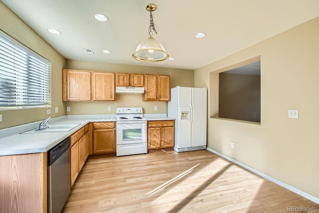 kitchen featuring pendant lighting, light hardwood / wood-style floors, white appliances, and sink