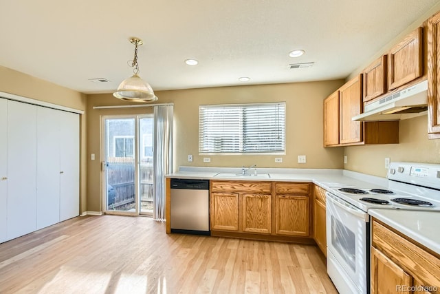 kitchen with sink, white electric stove, stainless steel dishwasher, decorative light fixtures, and light hardwood / wood-style floors