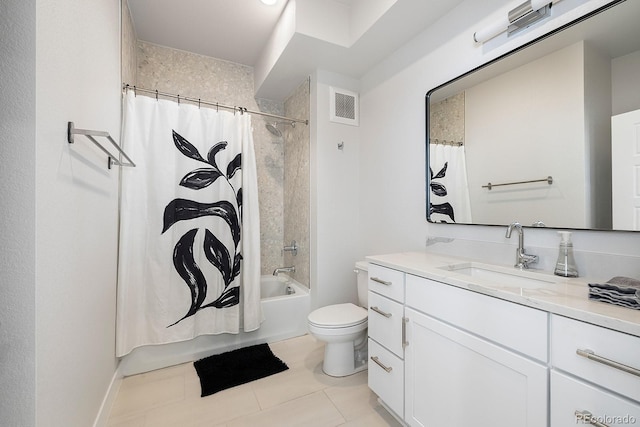 full bathroom featuring toilet, tile patterned floors, vanity, and shower / bathtub combination with curtain