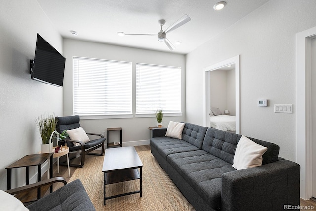 living room with ceiling fan and hardwood / wood-style floors