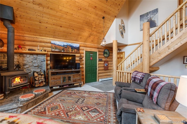 2255 Spruce Rd, Woodland Park, CO 80863 - living room featuring log walls, high vaulted ceiling, stairs, a wood stove, and wooden ceiling