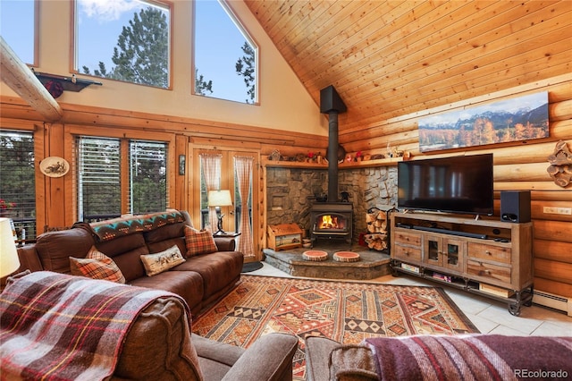 2255 Spruce Rd, Woodland Park, CO 80863 - tiled living room featuring high vaulted ceiling, a wood stove, plenty of natural light, rustic walls, and wooden ceiling