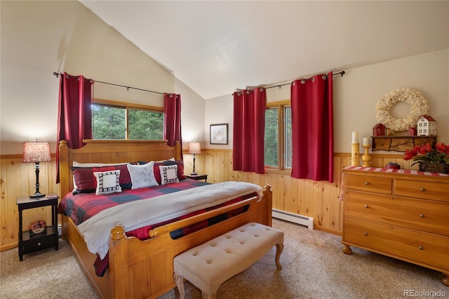 2255 Spruce Rd, Woodland Park, CO 80863 - carpeted bedroom with baseboard heating, wainscoting, vaulted ceiling, and wooden walls