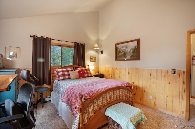 2255 Spruce Rd, Woodland Park, CO 80863 - bedroom featuring carpet, wainscoting, wooden walls, and high vaulted ceiling