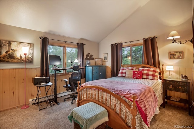 2255 Spruce Rd, Woodland Park, CO 80863 - bedroom with carpet floors, a baseboard radiator, wainscoting, multiple windows, and wood walls