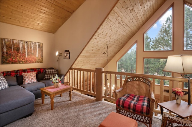 2255 Spruce Rd, Woodland Park, CO 80863 - carpeted living area featuring wooden ceiling, high vaulted ceiling, and plenty of natural light