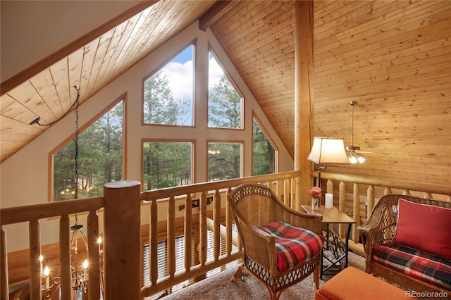 2255 Spruce Rd, Woodland Park, CO 80863 - living area featuring a wooden ceiling with exposed beams and high vaulted ceiling