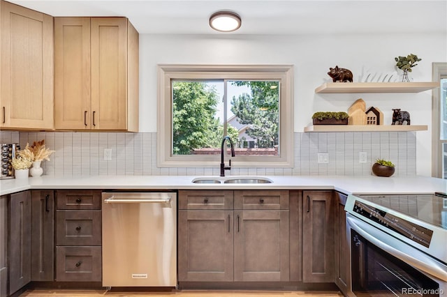 10016 Teton Ct, Lone Tree, CO 80124 - kitchen featuring appliances with stainless steel finishes, decorative backsplash, light countertops, and open shelves