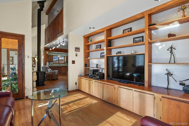 living room with a high ceiling and light wood-type flooring