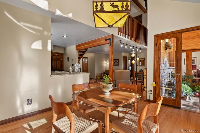 dining room featuring light hardwood / wood-style floors and a high ceiling