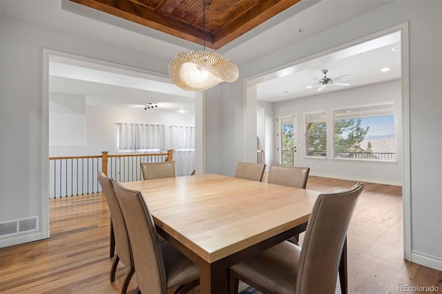 4364 Chateau Ridge Ln, Castle Rock, CO 80108 - dining space featuring wood ceiling, wood finished floors, a ceiling fan, and recessed lighting