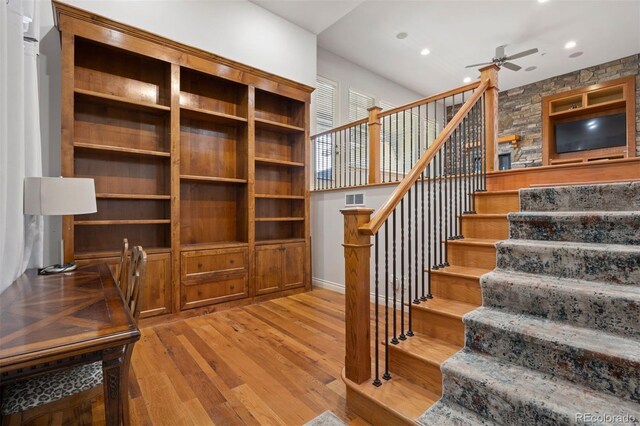 4364 Chateau Ridge Ln, Castle Rock, CO 80108 - staircase featuring hardwood / wood-style floors, ceiling fan, and recessed lighting