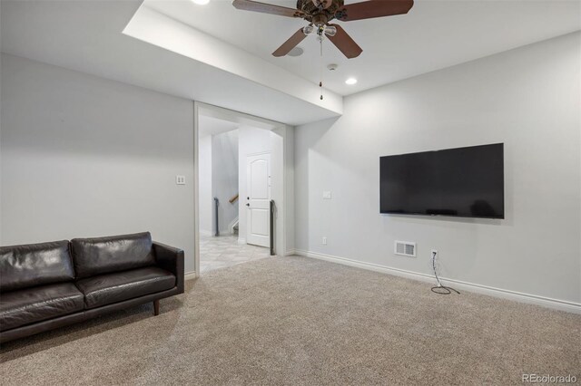 4364 Chateau Ridge Ln, Castle Rock, CO 80108 - unfurnished living room featuring carpet, ceiling fan, and recessed lighting