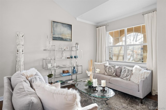 living room featuring vaulted ceiling and crown molding