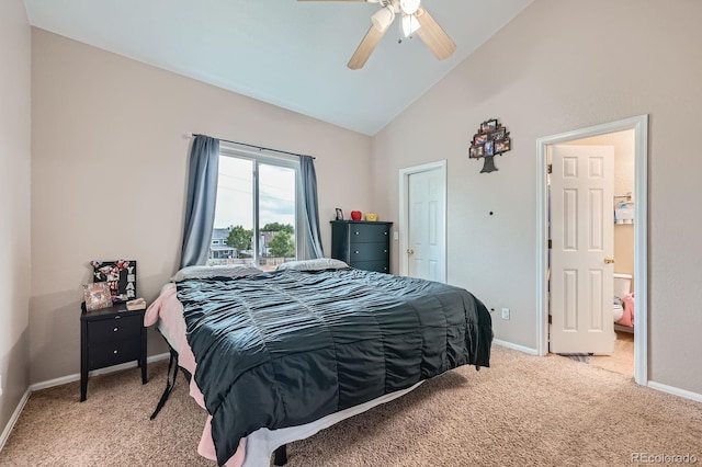 bedroom featuring light carpet, high vaulted ceiling, a ceiling fan, and baseboards