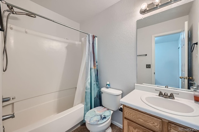 full bath with toilet, shower / bath combination with curtain, and vanity