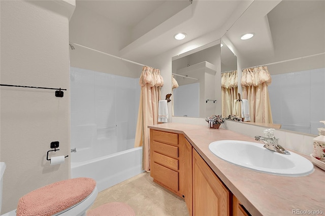 153 Gold Run Trl, Idaho Springs, CO 80452 - bathroom with shower / bath combo with shower curtain, vanity, recessed lighting, and tile patterned flooring