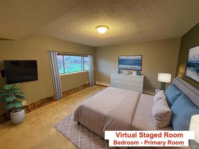 6921 S Bryant St, Littleton, CO 80120 - carpeted bedroom with baseboard heating, a textured ceiling, and baseboards