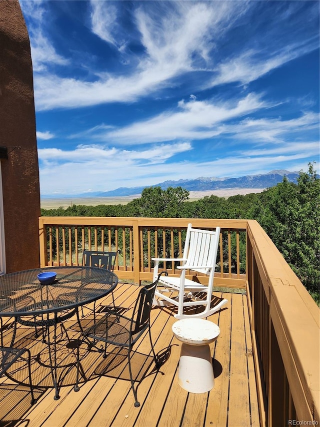 wooden deck with a mountain view