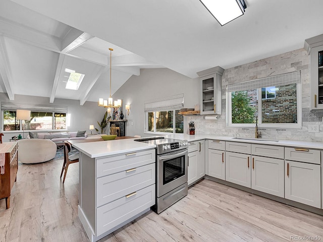 kitchen featuring kitchen peninsula, stainless steel range with electric cooktop, a chandelier, light wood-type flooring, and sink