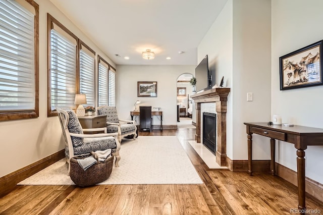 living area with baseboards, wood finished floors, recessed lighting, and a high end fireplace