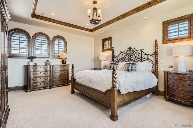 bedroom featuring a chandelier, light colored carpet, and recessed lighting