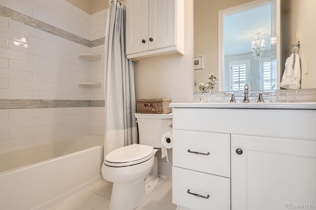 full bath with toilet, vanity, a notable chandelier, and shower / bathtub combination with curtain