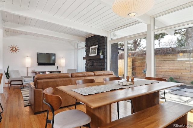 dining area featuring beam ceiling, expansive windows, a stone fireplace, wooden ceiling, and light wood finished floors