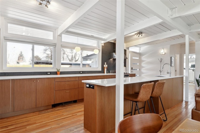 kitchen featuring a wealth of natural light, light wood-type flooring, and brown cabinetry