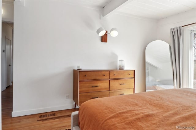 bedroom featuring beam ceiling, wood finished floors, visible vents, and baseboards