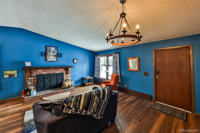 living room featuring lofted ceiling, an inviting chandelier, a brick fireplace, dark hardwood / wood-style floors, and a baseboard radiator