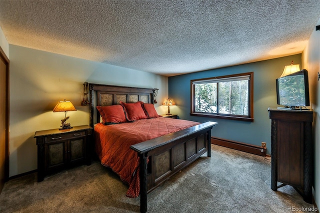 carpeted bedroom featuring a textured ceiling and a baseboard radiator