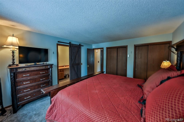 carpeted bedroom with connected bathroom, a barn door, multiple closets, and a textured ceiling