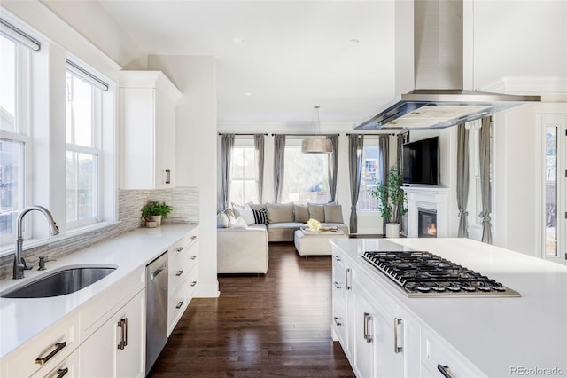 kitchen with island exhaust hood, dark hardwood / wood-style flooring, stainless steel appliances, sink, and white cabinets