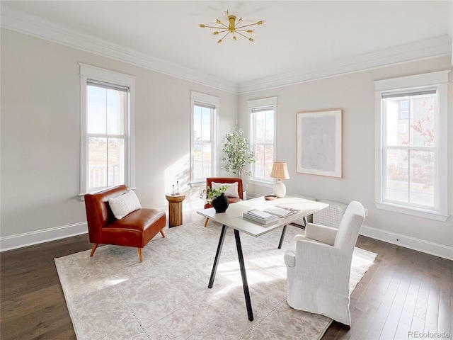 office with a notable chandelier, dark hardwood / wood-style floors, and crown molding