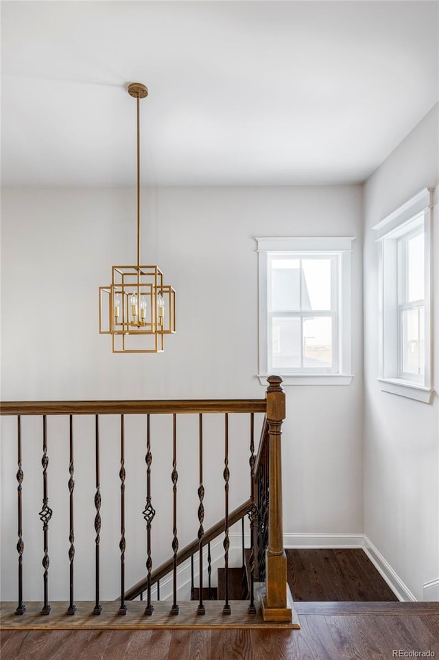 stairway featuring a chandelier and wood-type flooring