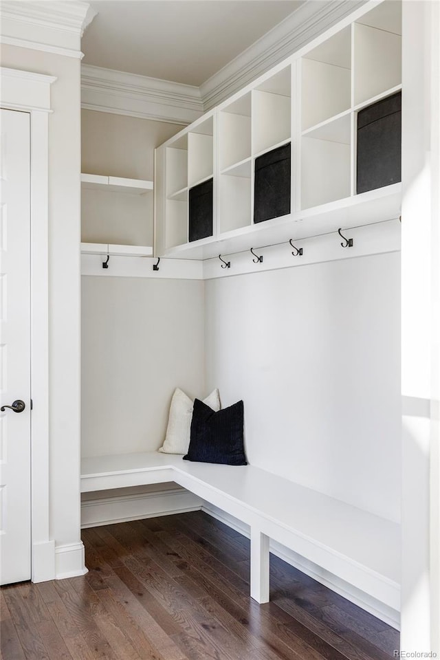 mudroom featuring hardwood / wood-style floors and ornamental molding