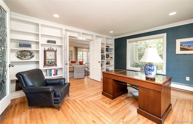 office area with crown molding, a baseboard radiator, recessed lighting, and wallpapered walls