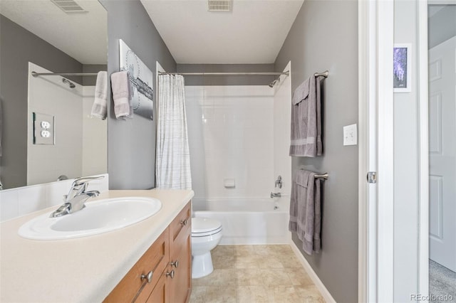 full bathroom with toilet, shower / bath combination with curtain, vanity, and visible vents