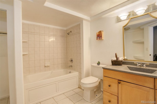 full bathroom with toilet, tiled shower / bath combo, tile patterned flooring, and vanity