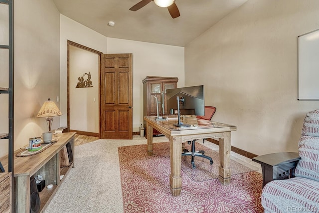 1250 Cottontail Trl, Woodland Park, CO 80863 - office featuring ceiling fan, vaulted ceiling, and carpet